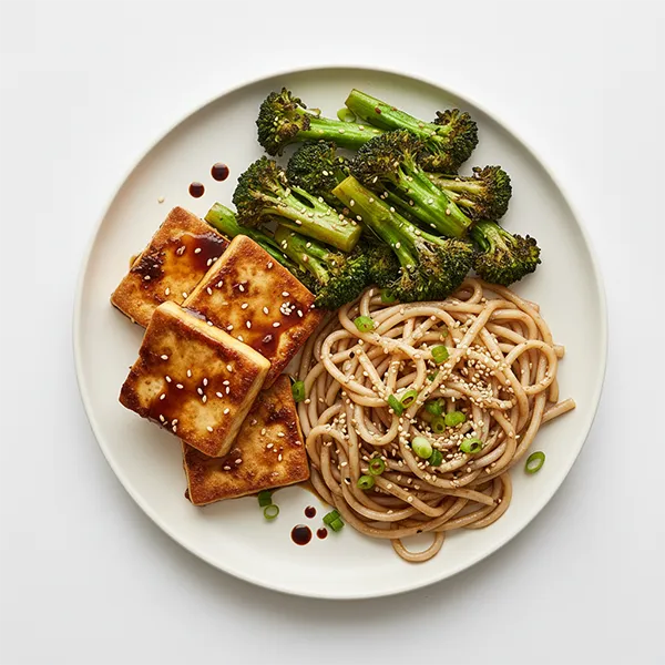 Korean Seared Tofu with Stir-fried Broccoli & Sesame Scallion Noodles